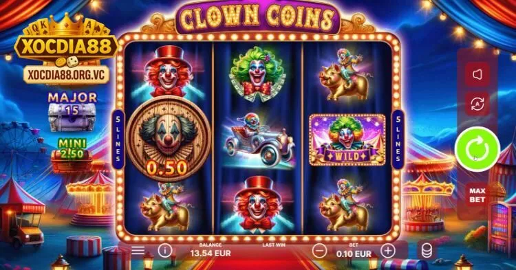 Giao diện Circus Jackpot Xocdia88 với hình ảnh rạp xiếc, chú hề và ánh đèn rực rỡ tạo không khí vui nhộn.