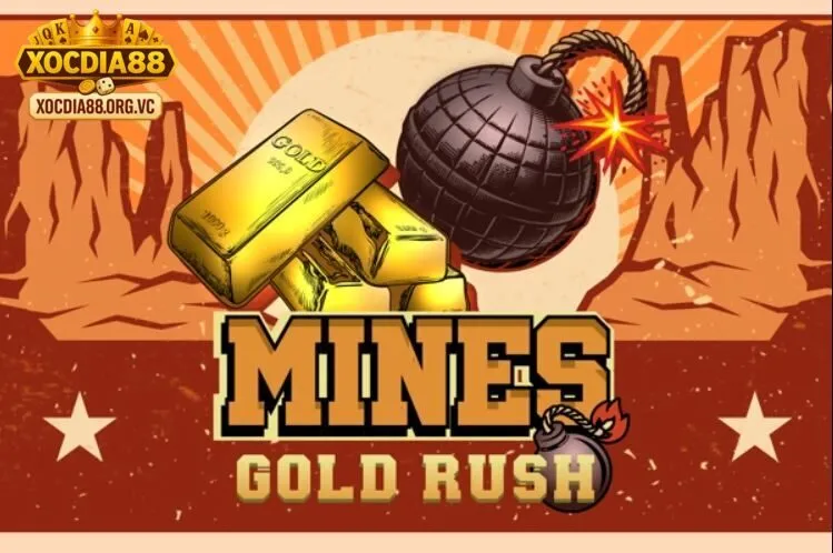 Giao diện Mines Gold xocdia88 với chủ đề hầm mỏ vàng, biểu tượng vàng và kho báu nổi bật trên bảng quay.